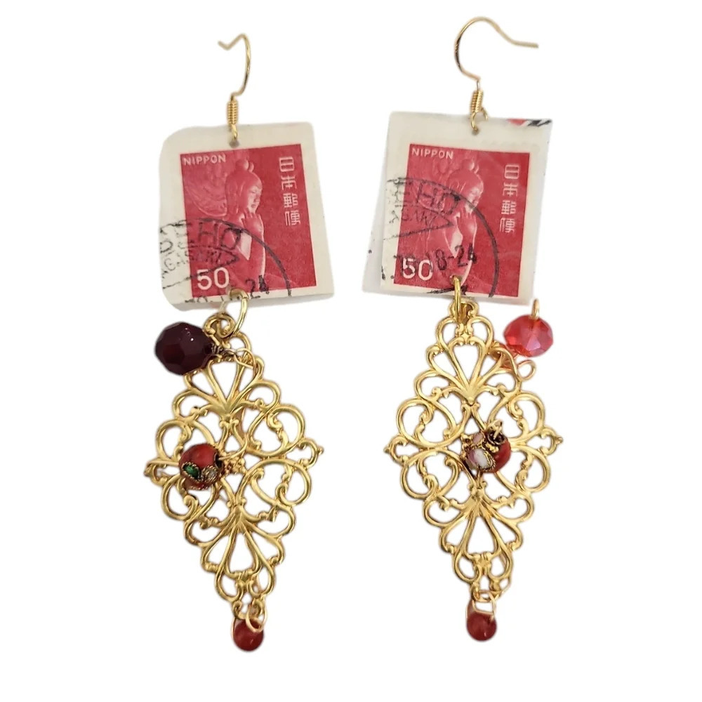 14k Gold Plated Japan stamp 1967 Buddhisattva Miroku Bosatsu Cloisonne earrings